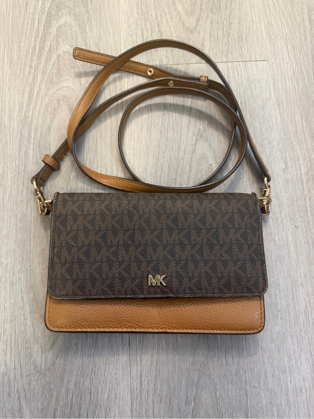 Michael Kors Dark Brown & Tan MK Logo Crossbody Wallet